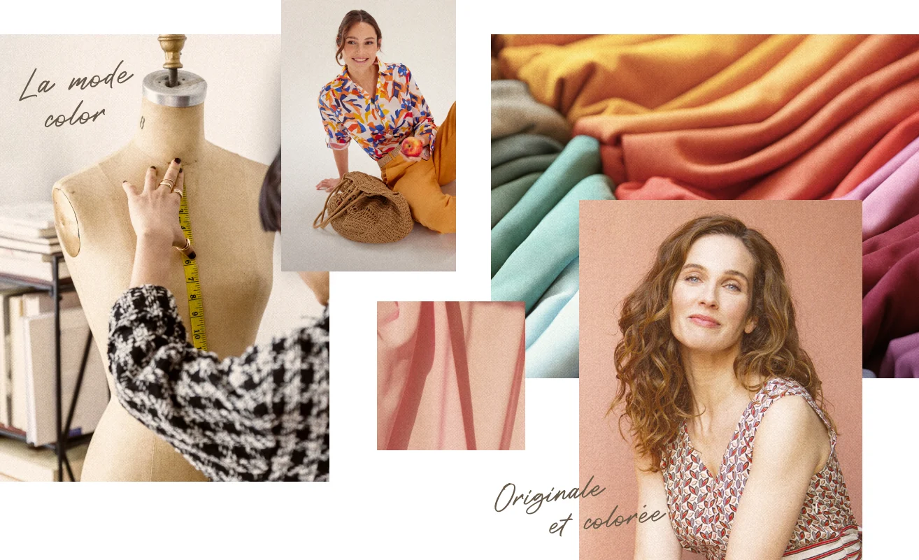 Collage officiel Christine Laure associant tenues féminines, mannequin de couture et tissus colorés.