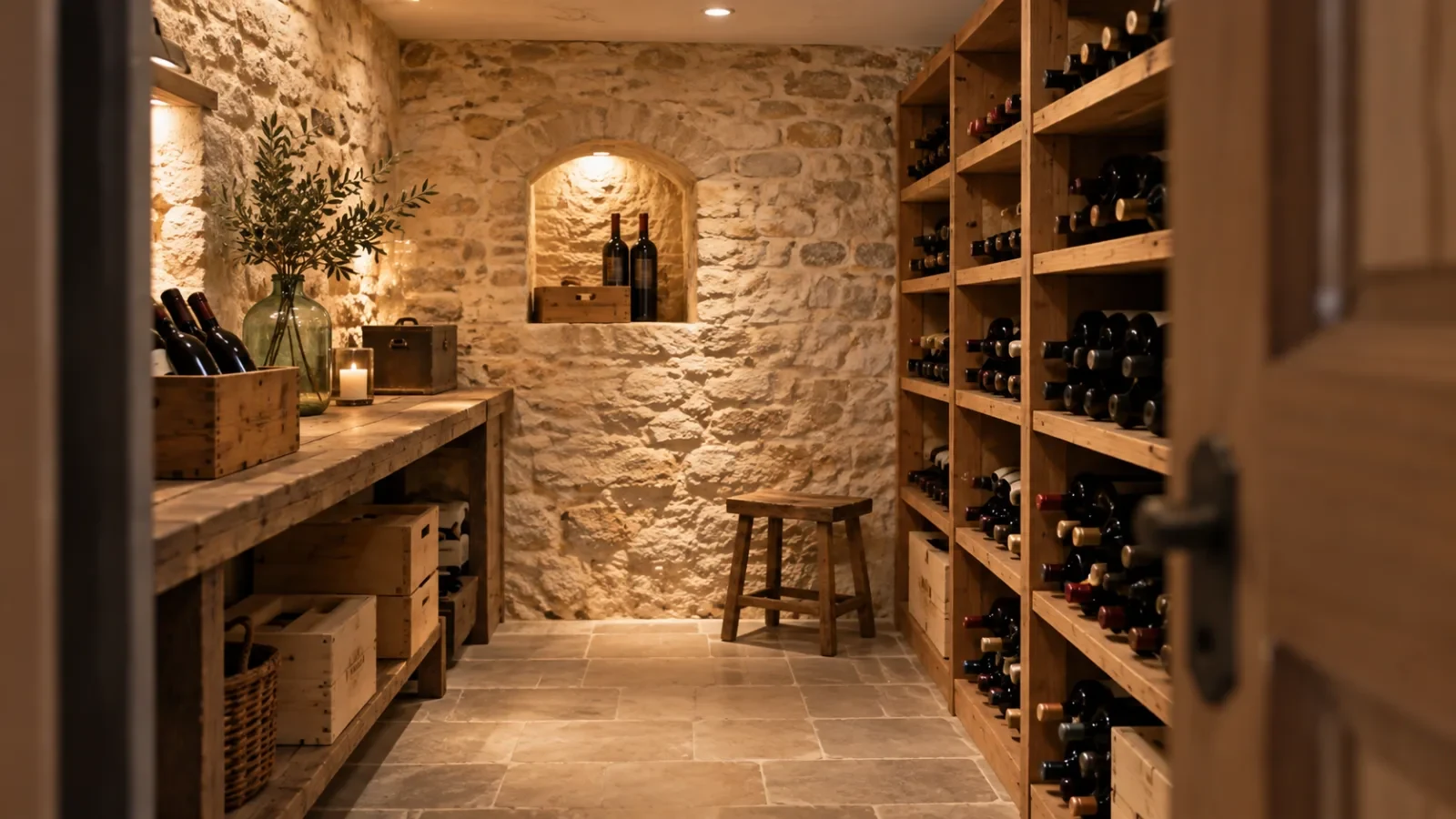 Ambiance de cave à vin en pierre, étagères et bouteilles, dans une lumière chaude.