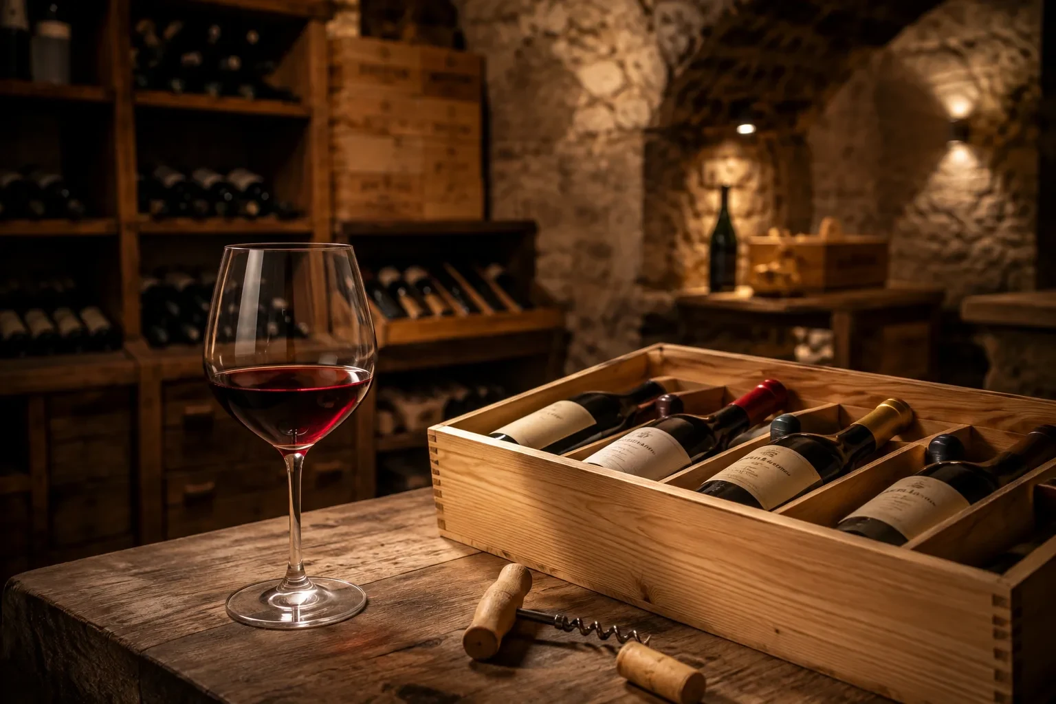 Composition éditoriale montrant un verre de vin rouge et une caisse de bouteilles sur une table en bois dans une cave.