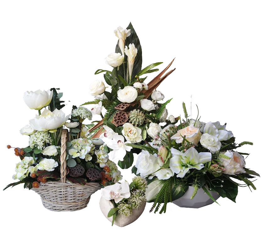 Compositions florales artificielles blanches présentées sur le site Idecor.
