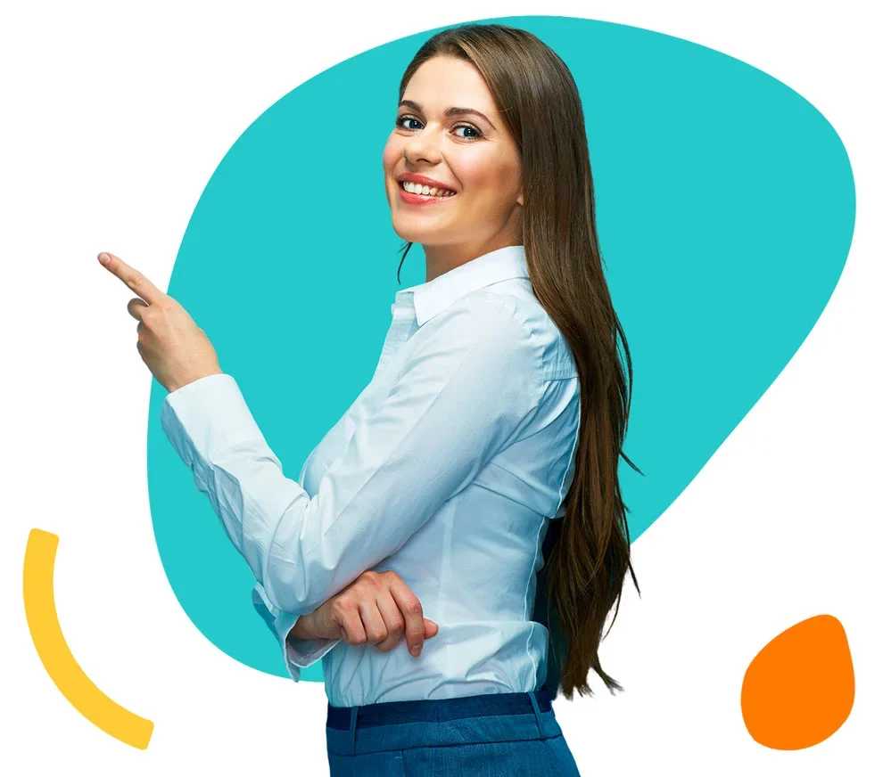 Visuel de marque Tempeos avec une femme sur fond turquoise et jaune.