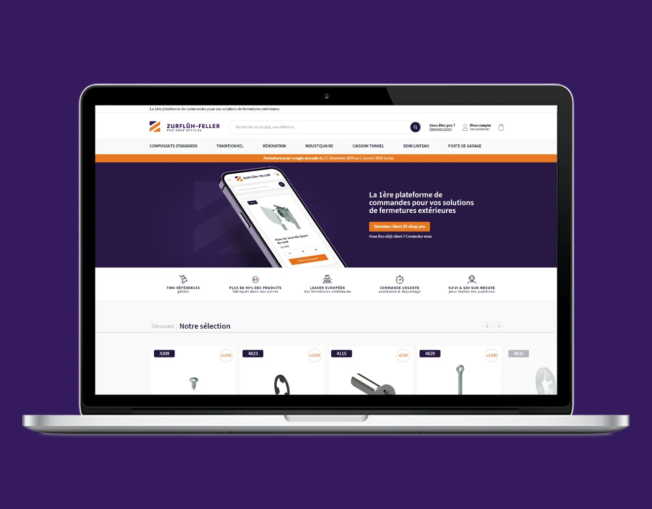 Visuel officiel de la plateforme Pro Shop sur ordinateur portable, sur fond violet.