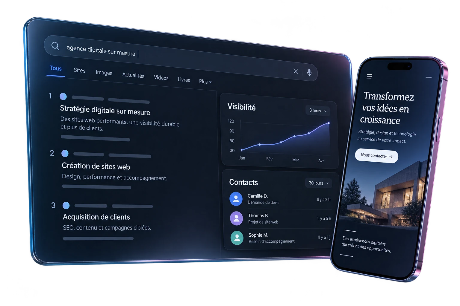 Concept de visibilité digitale : résultats de recherche, page de campagne sur smartphone et indicateurs de suivi fictifs.