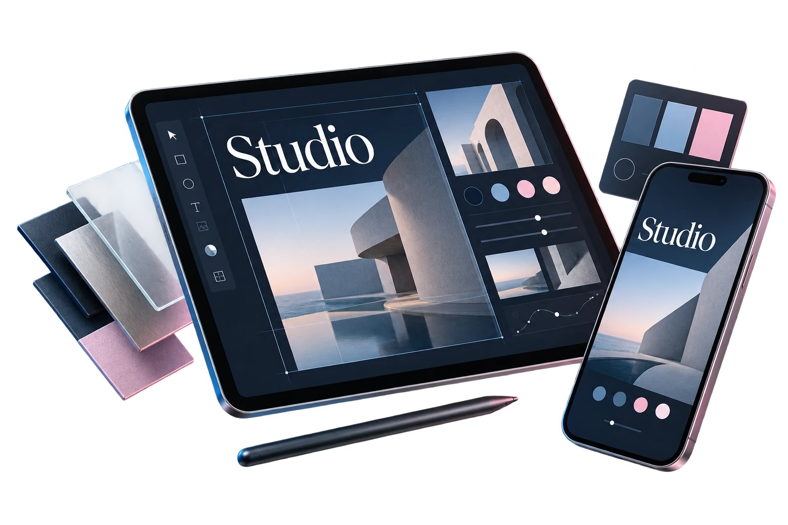 Concept de création digitale : tablette graphique et smartphone en suspension, compositions éditoriales et palette bleu-rose.
