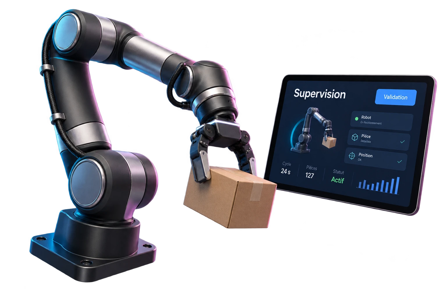 Illustration prospective d’un bras robotique collaboratif manipulant un petit colis, avec une interface de supervision sur tablette.