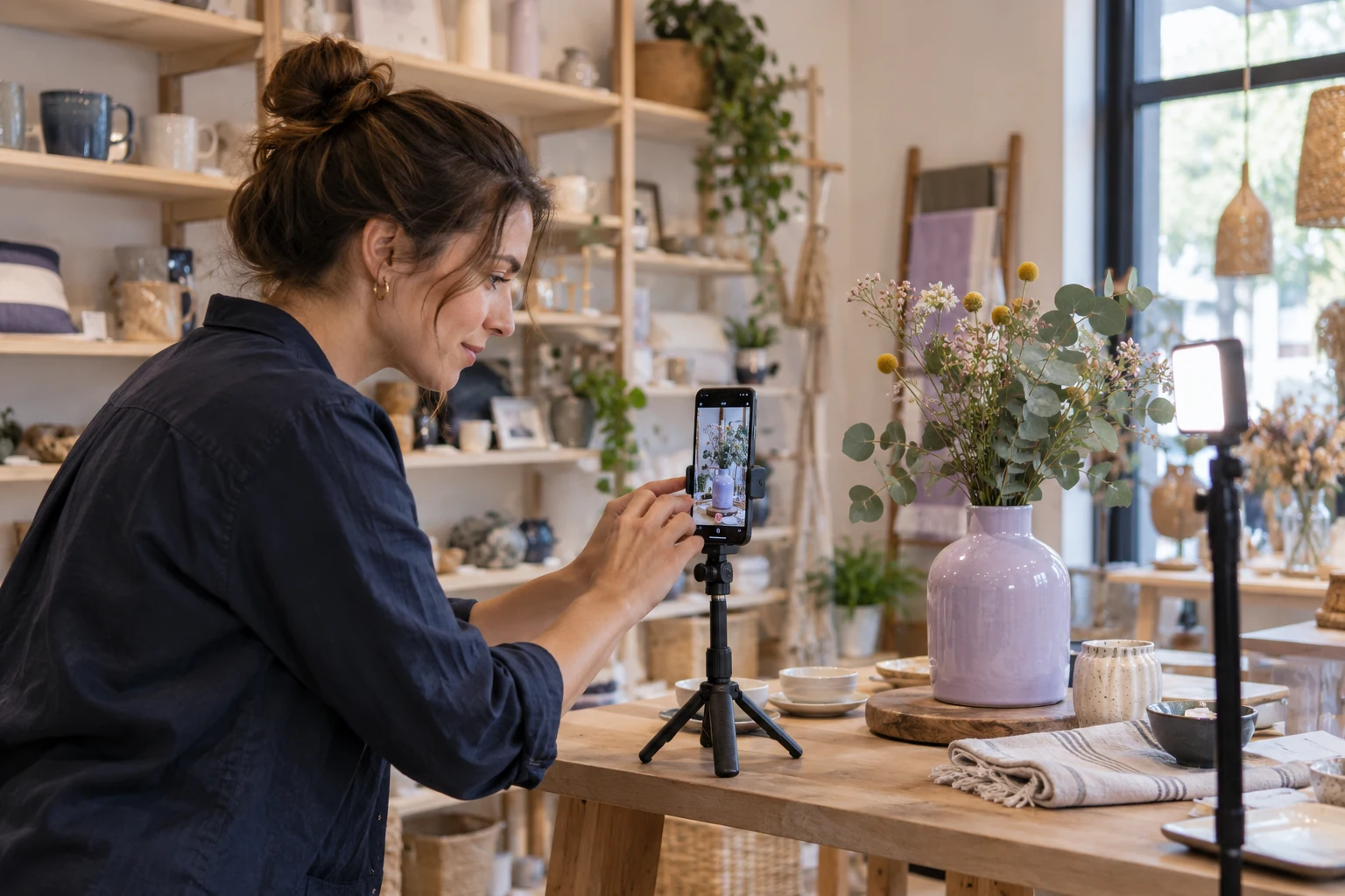 Illustration : création de contenu au smartphone dans une boutique