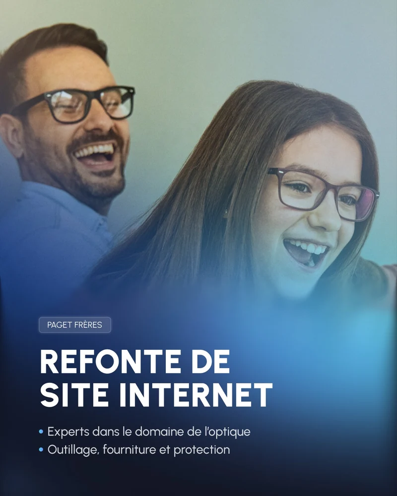 Deux personnes portant des lunettes sur le visuel Paget Frères Refonte de site internet.