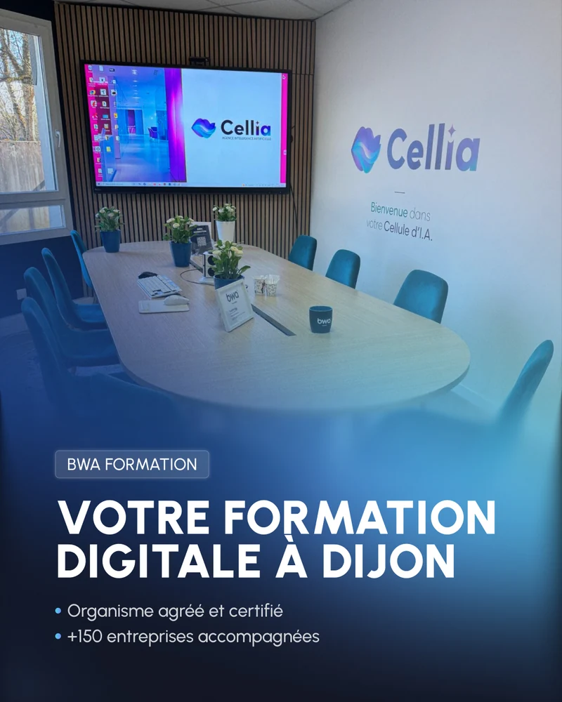 Salle de formation avec écran et logo Cellia, accompagnée du titre Votre formation digitale à Dijon.